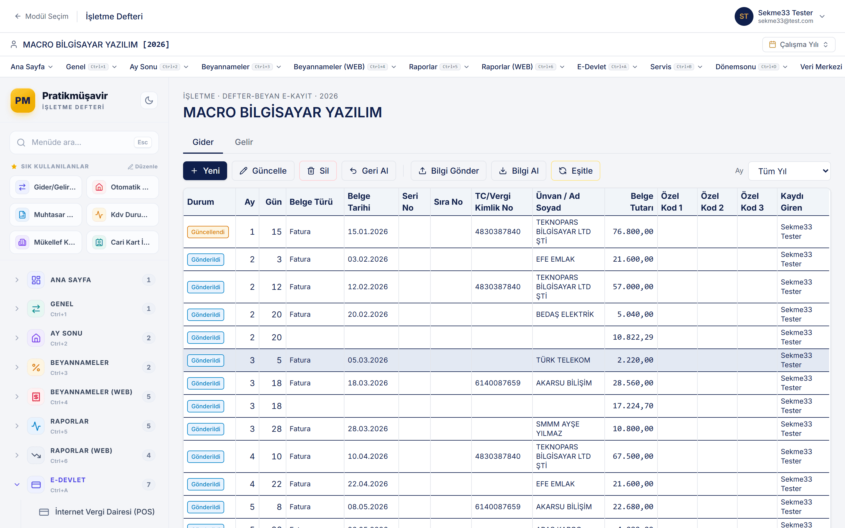 İşletme Defteri — gider dökümü