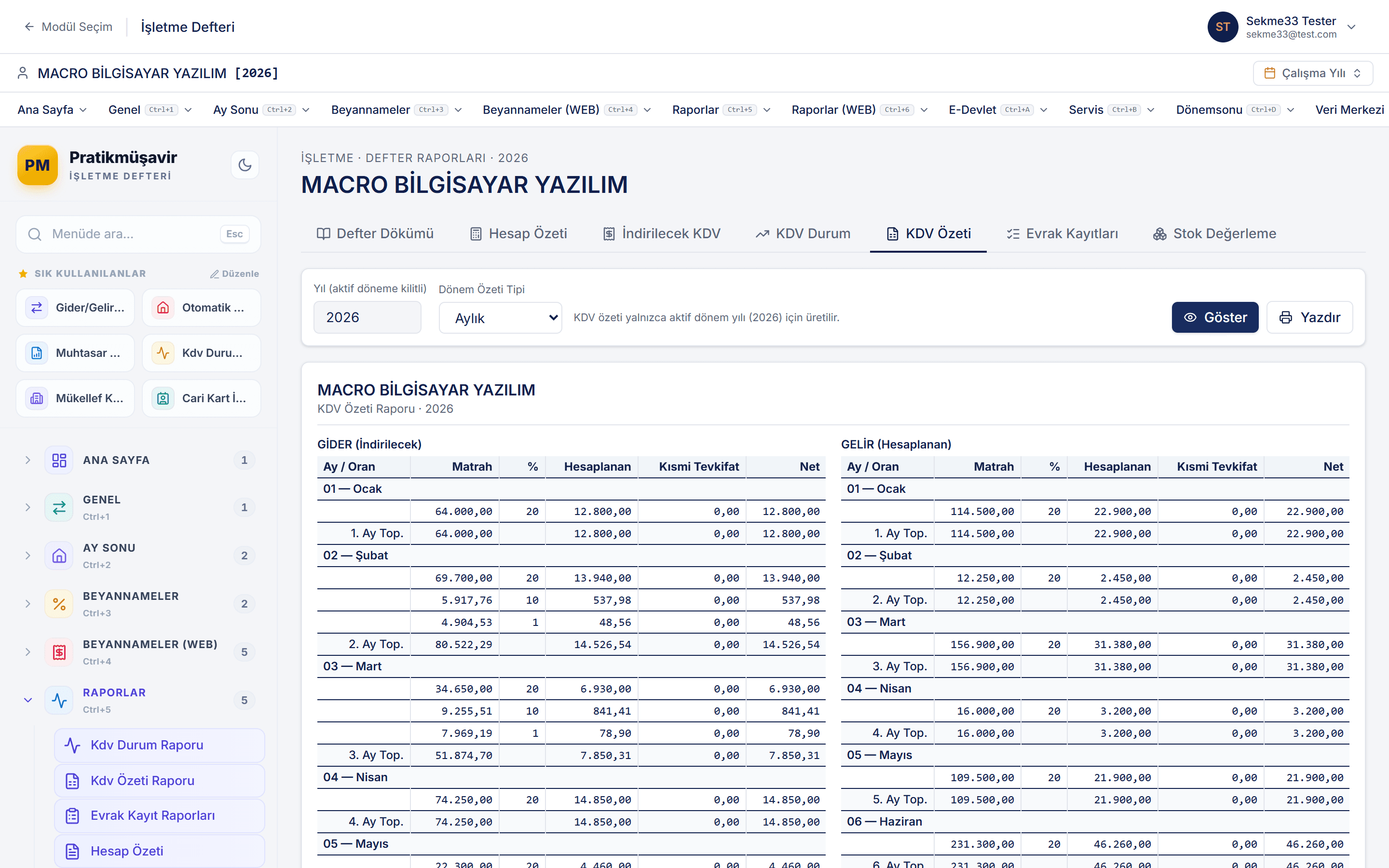 İşletme Defteri — KDV özeti