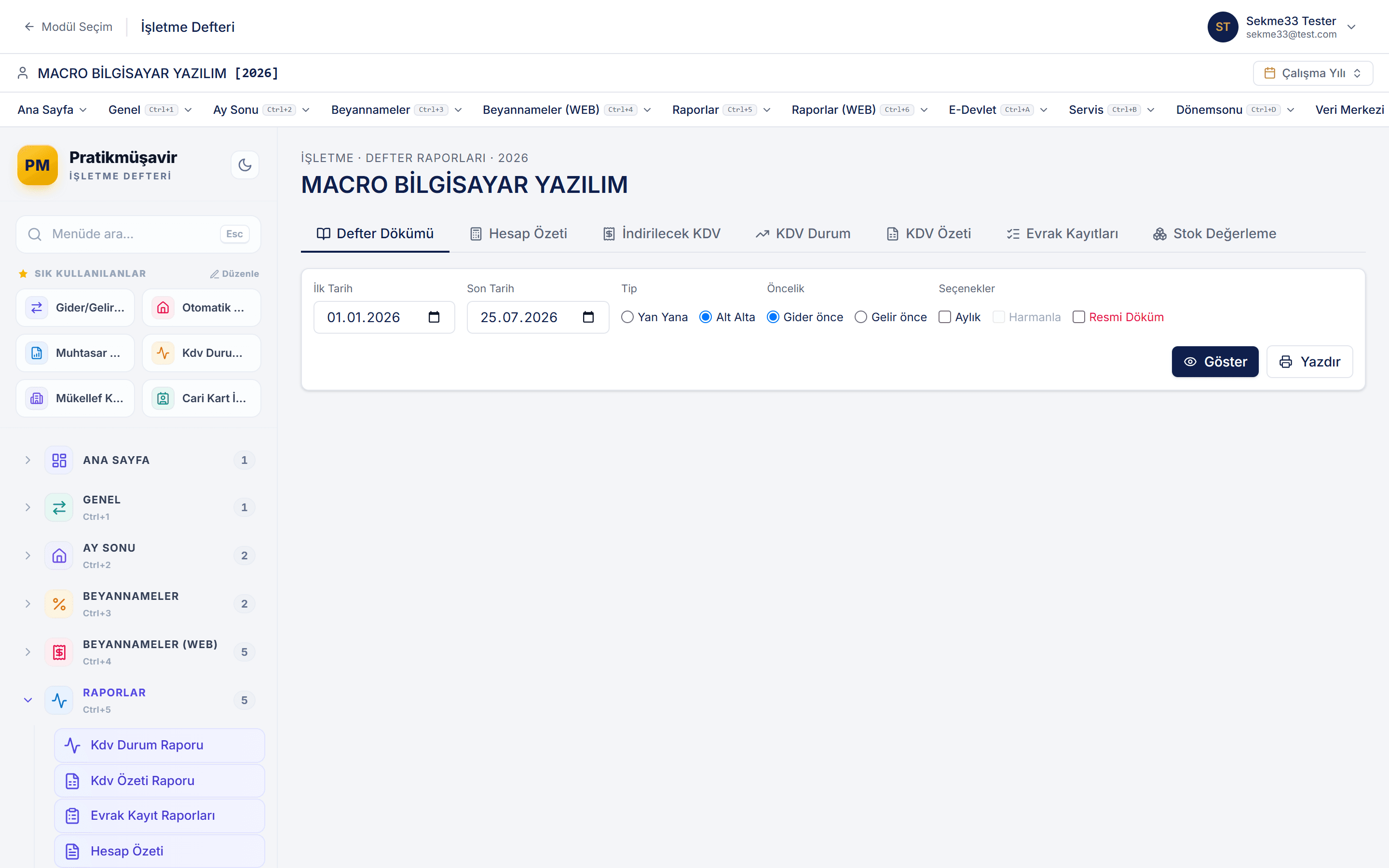 İşletme Defteri — raporlar