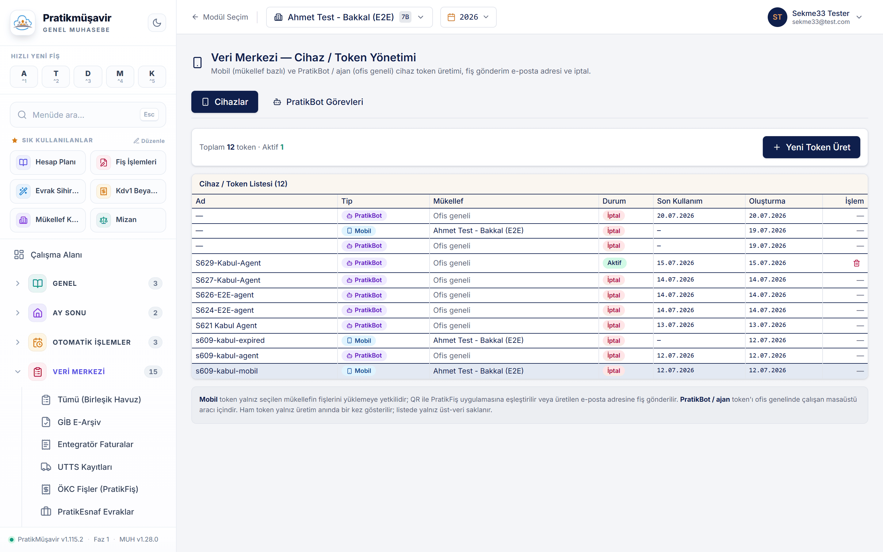 Veri Merkezi — cihaz ve token yönetimi